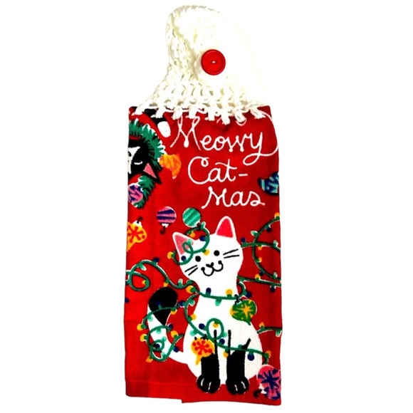 Hand Crafted Other - HAND CRAFTED Christmas Cat Crochet Top Hanging Kitchen or Bathroom Hand Towel